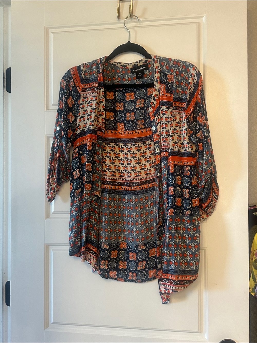 Boho Patchwork Open-Front Cardigan in Blue & Orange